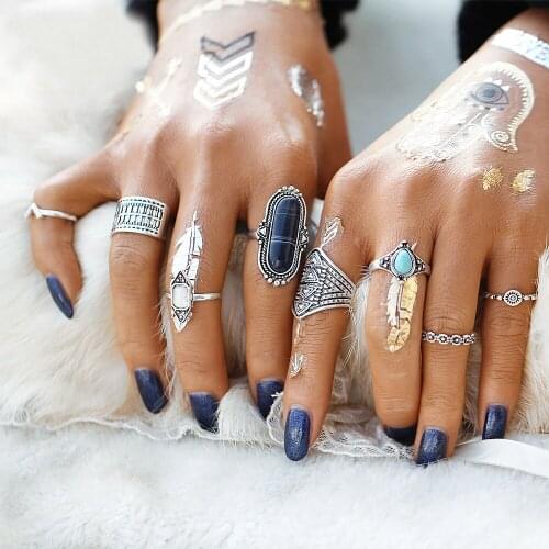 TianBo Boho Jewelry Stone Midi Ring Sets for Women Anel Vintage Tibetan Turkish Silver Color Flower Knuckle Rings Gift 8pcs/Set