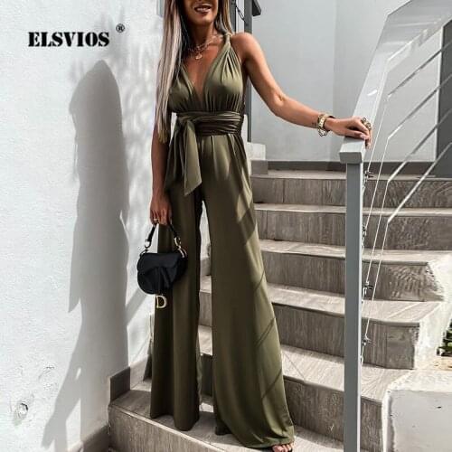 Women Off Shoulder Backless Jumpsuit Sexy Deep V Slim Lace-up Wide Leg Pants Jumpsuit Summer Elegant Solid Color Party Jumpsuits