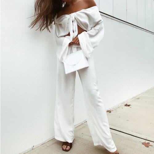 Womens Fashion Casual Two Piece Set Solid White Sexy Long Sleeve Short Bow Cardigan Top & Full Length Loose Pants Autumn Suit
