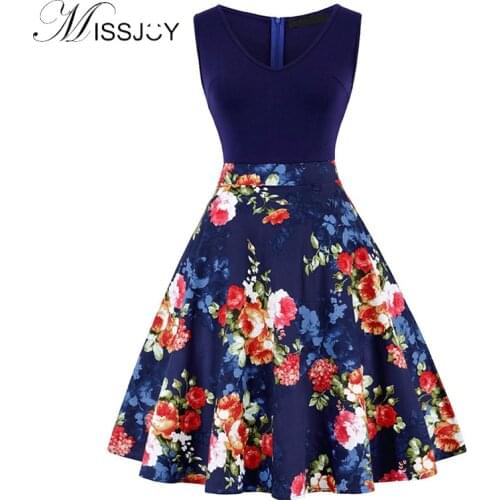MISSJOY 2020 Skater Vintage Sleeveless Dress Women V Neck Lemon Flower Printed Casual Party Knee Length A Line Pin up Dress