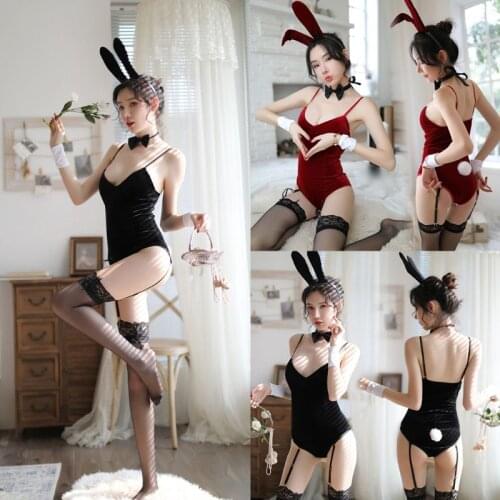 Women Sexy Bunny Girl Costume Lingerie Set Velvet Bodysuit with Tail Rabbit Ears Headband Stockings Roleplay Uniform Playsuit Ni