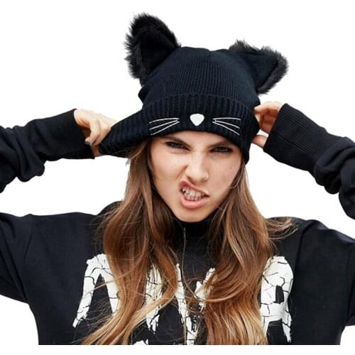 Winter hats cat ears women knitted hat acrylic beanie caps crochet fur pompom bonnet trendy cap for ladies gorros mujer invierno