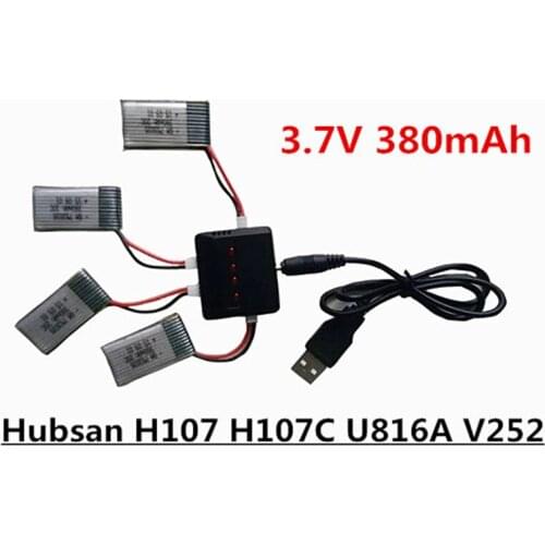 4pcs/lot 3.7V 380mAh LiPo And 4 In 1 Charger For H107C H107L U816 U816A V252 Hubsan H107 Battery