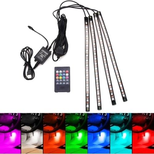 4XDC12V 12 LED Lights USB Wireless Music Control 8 Color RGB Car Interior Lights