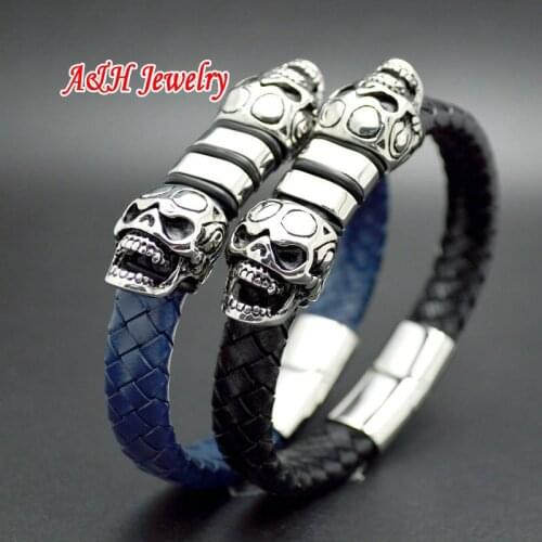 2015 New Design Blue Genuine Leather Fashion Men Bracelets Double Skull Heads Stainless Steel Magnet Bangles Christmas Gift 5pcs