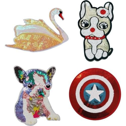Large Sequin Heat Transfer Patch Clothes Ironing DIY Hot Sticker Swan Dog Superhero Embroidery Patch Badge T-shirt