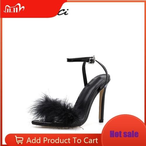 Women High Heels Sandals Shoes Woman Pointed Toe Sexy Faux Fur Ankle Strap Party Wedding Stilettos Zapatos De Mujer