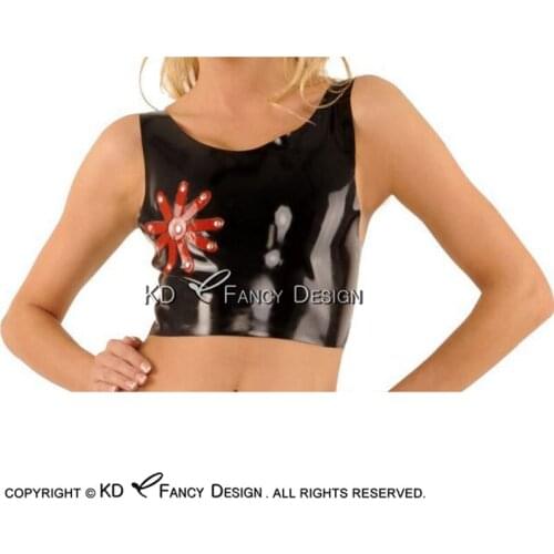 Black And Red Flowers Trims Sexy Latex Crop Top Rubber Shirt Clothing YF-0160