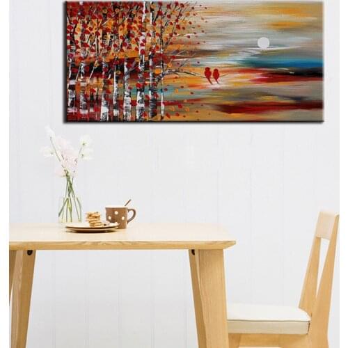 Newest Lovely Night High Quality Abstract Fall Night Landscape Oil Painting Couple Of Bird Stay On Trees On Canvas Free Shipping