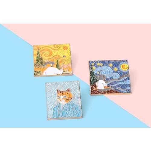 Creative Punk Geometry Oil Painting Enamel Brooch Starry Sky Back View Sun Famous Painting Alloy Pins Badge Woman Jewelry Gift