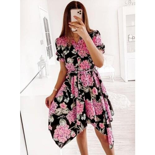 Summer Dress Women Flower Print Irregular Bandage Dresses V-Neck Short Sleeve Y2K Dress For Woman Vestido De Mujer Robe Femme