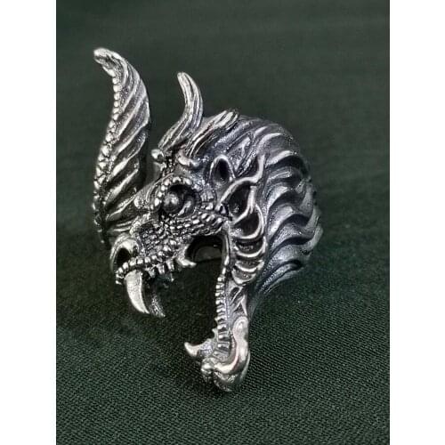 Solid 925 Sterling Silver men Domineering Dragon Wrap open Adjustable Ring A1892
