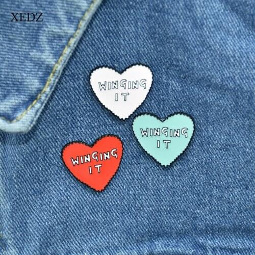 XEDZ 3 colors white/red/blue love heart WINGING IT text heart-shaped enamel pin men and women metal badge punk clothes lapel bro