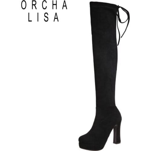ORCHALISA 2021 New Sexy Platform Over Knee High Bootie Stretchy Lace Up Suede 10cm High Heel Autumn Winter Big Size 33-43 S2430