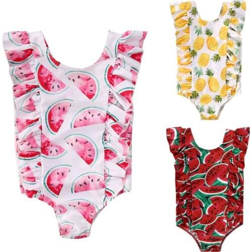 0-5Y Baby Girl One Piece Swimsuit Ruffle Sleeveless Watermelon / Pineapple Printed Beachwear Romper