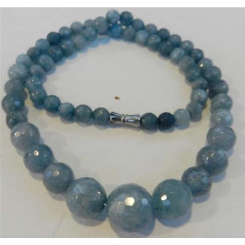 6-14mm Brazilian created Aquamarine Faceted Gems Round Beads Necklace