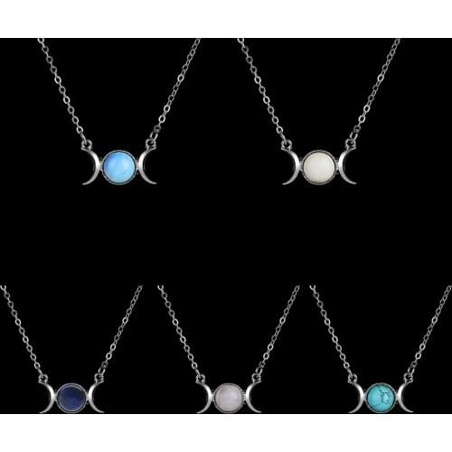 1PC Natural Stone Opal Pendant Crescent Moon&Sun Silver Color Choker Chain Crystal Sailor Necklace Jewelry Accessories for Women