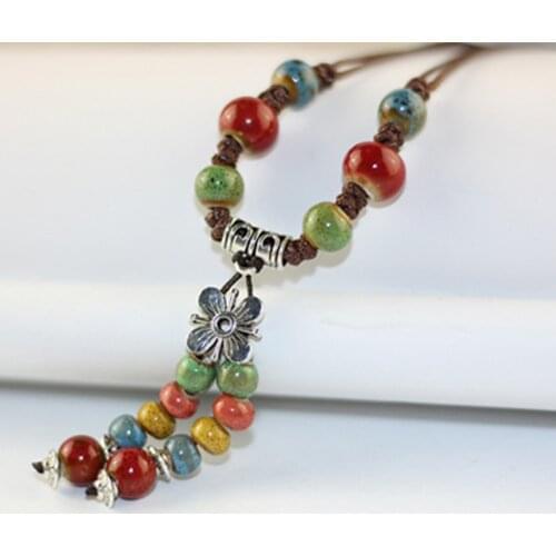 Retro Ethnic style Handmade ceramic bead pendant sweater chain necklace N431