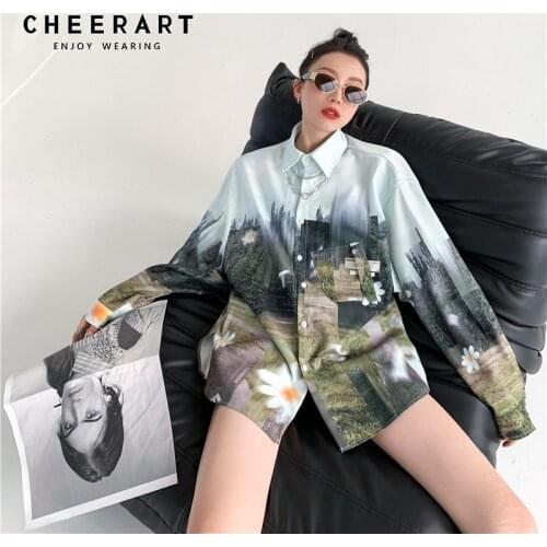 CHEERART Forest Print Oversized Shirt Women Long Sleeve Top And Bloues Blue Green Button Up Shirt Daisy Floral Blouse Clothes