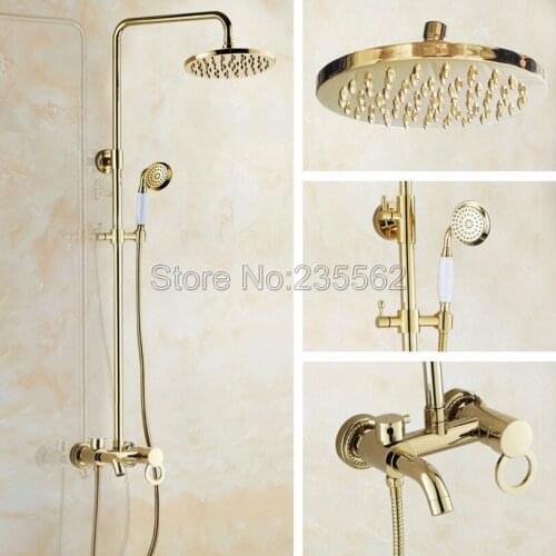 Gold Color Brass Bathroom 8 inch Shower Rainfall Style Faucet Set Bathtub Mixer Tap + Handheld Spray lgf412