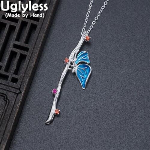 Uglyless Real 925 Silver Branch Handmade Pendants Necklaces for Women Enamel Butterfly Necklaces Insects Crystals Jewelry +Chain