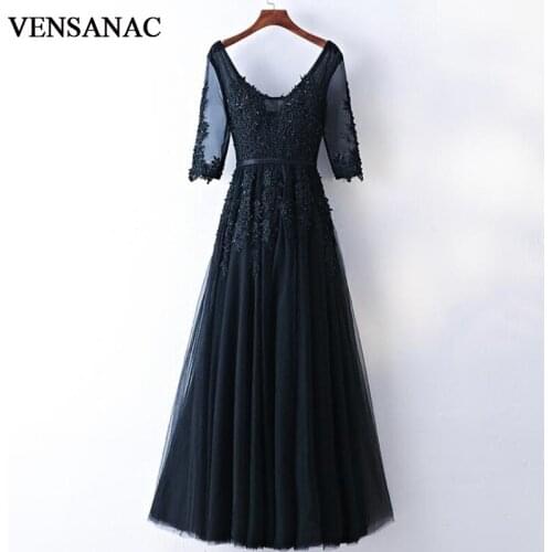 VENSANAC 2018 Sequined V Neck Lace Appliques A Line Long Evening Dresses Party Half Sleeve Pearls Sash Backless Prom Gowns