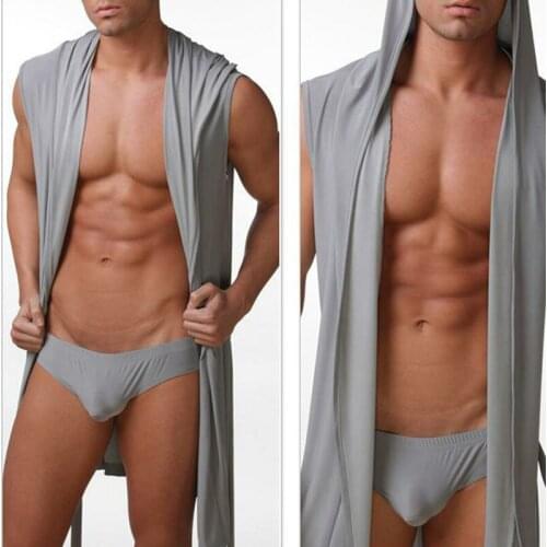 High Quality Sexy Mens Robes Comfortable Casual Bathrobe Sleeveless Viscose Hooded Robes Home Service Mens Sexy Pajamas