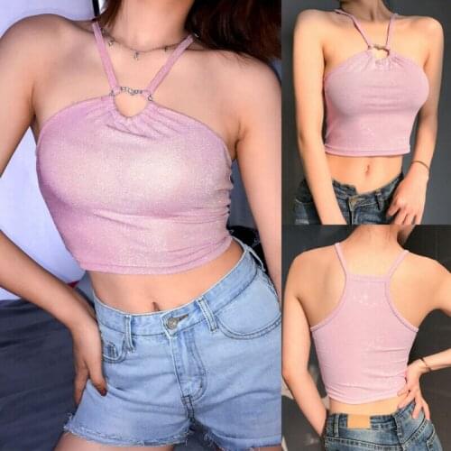 Women New Fashion Hollow Out Tank Tops Halter Neck Pink Color Slim Vest Pink Sexy Backless Bodycon Top Wear Summer Hot Sale SM L