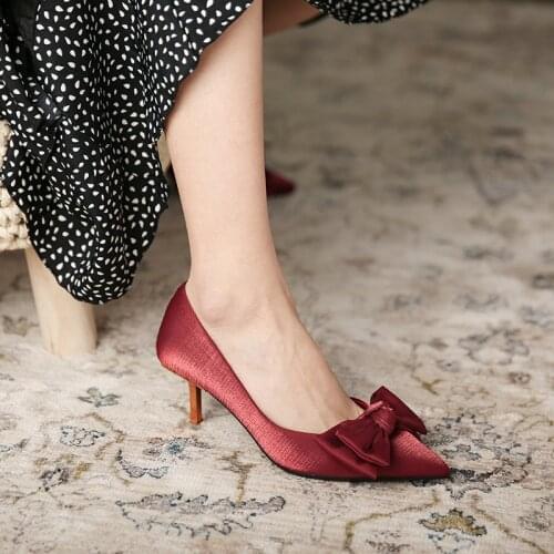 Stylish High-heeled Womens Spring Satin Red Wedding Shoes Tip Thin-heeled Bow Shallow Single Shoes