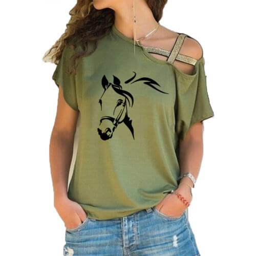 Funny horse Printed Women T-shirts Casual Animal Art Summer Short Sleeve T Shirt Irregular Skew Cross Bandage Tops