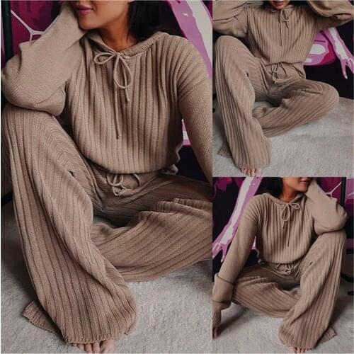 Imcute 2020 New Fall Women Autumn Knitted 2PCS/Set Outfits Long Sleeve Hooded Sweater Tops High Waist Wide Leg Pants Lounge Wear