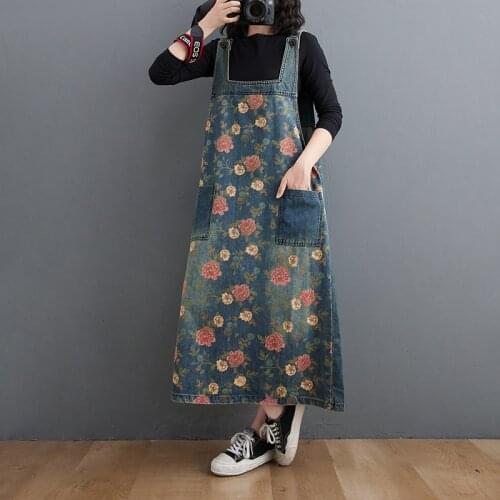 2021 Women Denim Dresses Spring Autumn Vintage Mid-Calf Casual Ladies Strap Dress Patchwork Print Pockets Jeans Vestidos Mujer