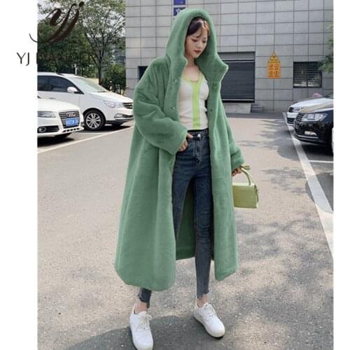 Winter 2019 Faux Fur Womens Coat Over The Knee Long Loose Overcoat Korean Long Sleeve Hooded Jacket Female NICE032