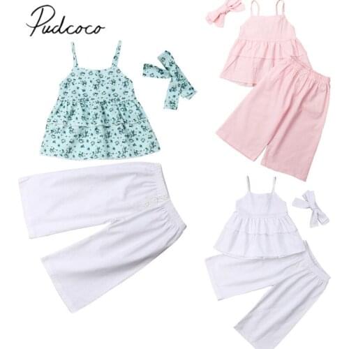 2019 Brand New Boho Infant Kids Baby Girls Clothes Sleeveless Ruffled Vest Tops+Long Wide Leg Pants Headband 3PCS Sets 6M-5T