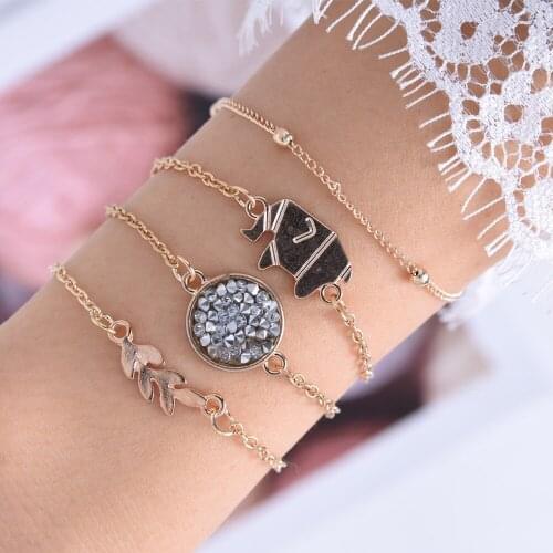 4 Piece Bohemia Boho Women Lady Female Gold Color Leaves Charm Bracelet, Crystal Rhinestone Bracelet, Elephant Charm Bracelet