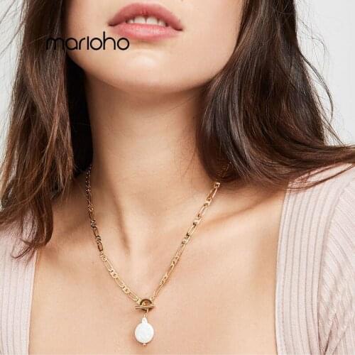 Baroque Gold Color Chain Round Pearl Pendant Short Necklace Metal Geometric Statement Necklace Simple Party Jewelry For Women