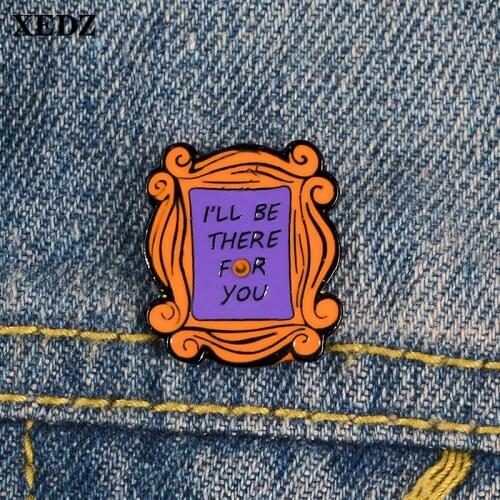 XEDZ retro wooden frame magic mirror pushpin I will be here for you enamel pin shirt shirt lapel brooch jewelry to friends