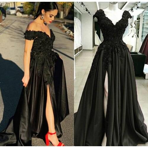 Long A-Line Satin Off Shoulder Black Lace Evening Dresses with Slit V-Neck Floor Length Corset Back Formal Party Gowns for Women