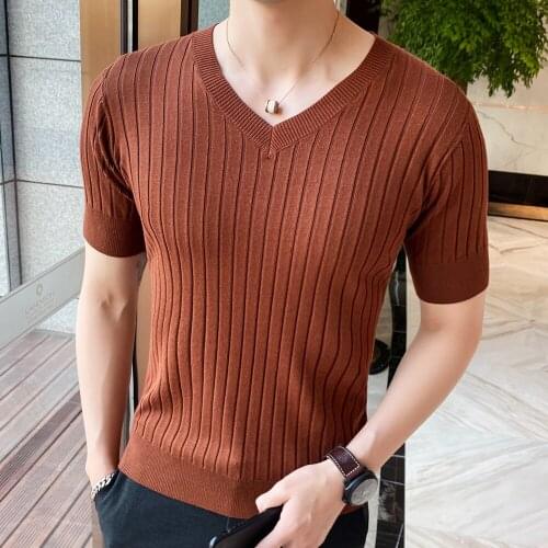 Mens T-Shirts V-Neck Knitted Slim Fit British Style Short Sleeve Striped Tops K23