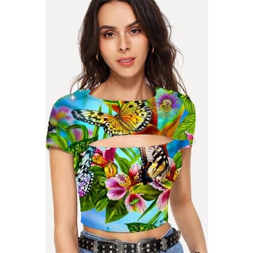 Somepet Butterfly T shirt Women Flower Tshirt Printed Animal Navel Bare Colorful Hollow Out T shirts Womens Clothing Hip Hop