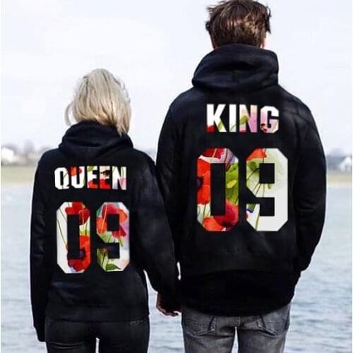 2018 NEW King and Queen 09 Couples Matching Letters Print Men Women Lovers Cotton Hoodies Black Sweatshirt Pullovers Size S-2XL