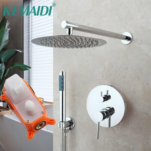 KEMAIDI Chrome Finished Bathroom Shower Faucet Wall Mount Rainfall Round Shower Head Shower Set Mixer Tap Embedded Box Valve