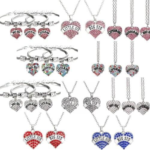 Crystal Necklace Big Little Middle Sis Love Heart Pendant Charm Chain Family Friends Birthday Party Friendship Gifts Jewelry BFF