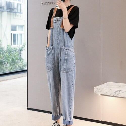 Boyfriend Style Women Loose Fit Long Jeans Overalls Strap Pocket Casual Streetwear Female Denim Bib Pants Female Cargo Jumpsuit