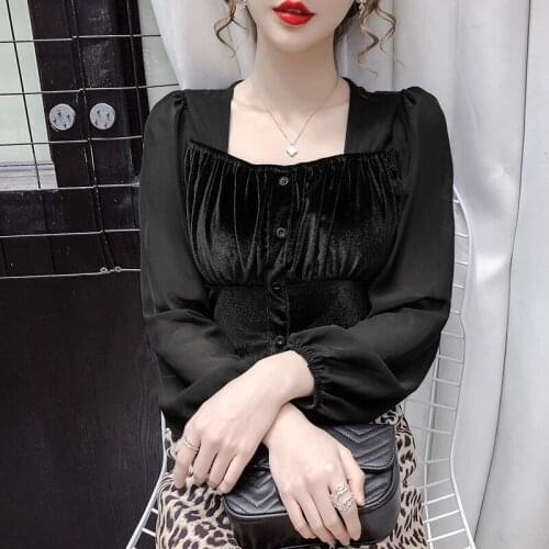 Korean Black Chiffon Blouse Vintage Square Collar Velvet Tops Womens Long Sleeve Shirts Blusas Mujer De Moda Patchwork Crop Top