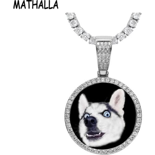 MATHALLA Customized Photo Memory Round Medallion Pendant Necklace With 3mm CZ Tennis Chain Mens and Womens Jewelry Gifts