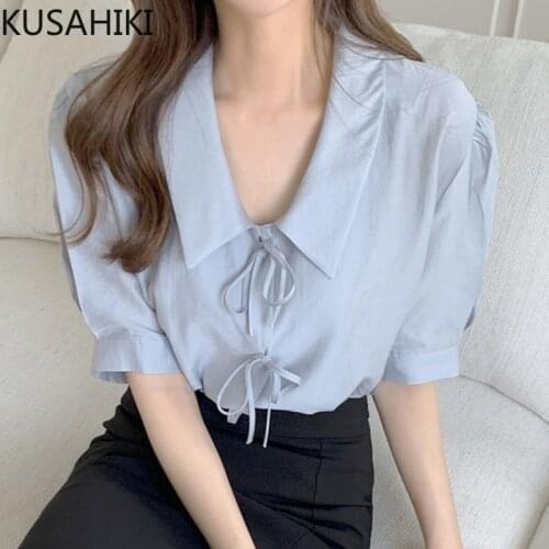 KUSAHIKI Sweet Bow Tie Women Blouse Causal Turn-down Collar Top Blouses Summer 2021 New Blusas Camisas Para Mujer 6K128