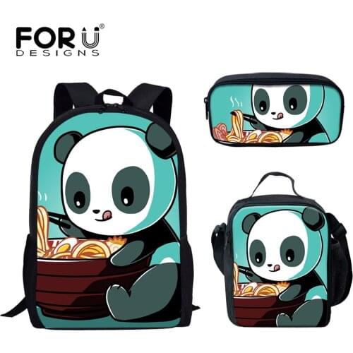 FORUDESIGNS Cute Cartoon Panda Print Backpack for Primary Student Fashion School Bags and Lunch Bags Penicl Bags 3Pcs Mochila