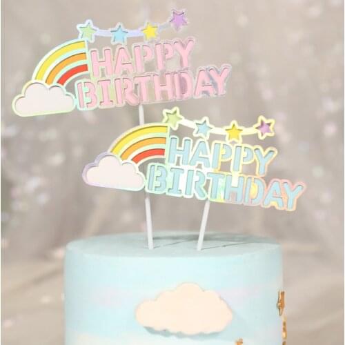 Cartoon Rainbow Happy Birthday Cake Topper Colorful Pink Stars Cupcake Topper for Kids Birthday Party Dessert Cake Decorations