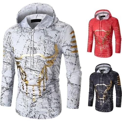 Mens Hooded T-Shirt Long Sleeve Pullover T-Shirt with Ethnic Style Bull Head Printing Casual Slim Cotton Tops